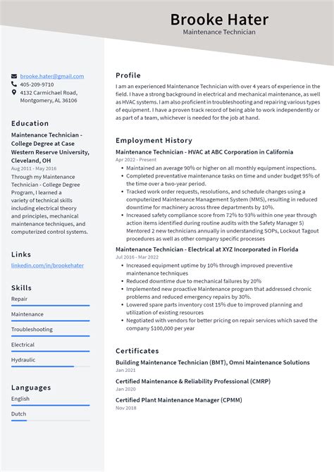 6 Great Maintenance Technician Resume Examples.